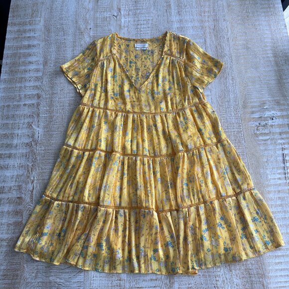 Urban Outfitters Yellow Floral A-Line Mini V-Neck Dress Short Sleeves Size Small - Picture 2 of 10
